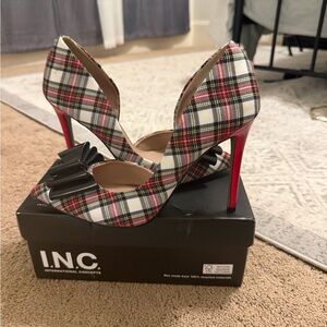 Betsey Johnson Tartan Peep-Toe Heels - Red, Black, White